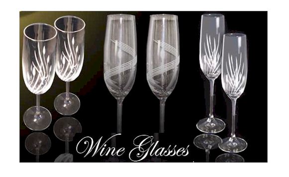 Plain and crystal etched wine glasses